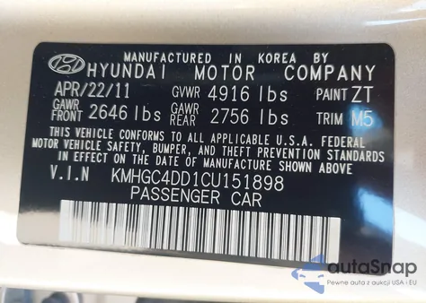 2012 Hyundai Genesis 3.8 from USA, damaged, VIN KMHGC4DD1CU151898